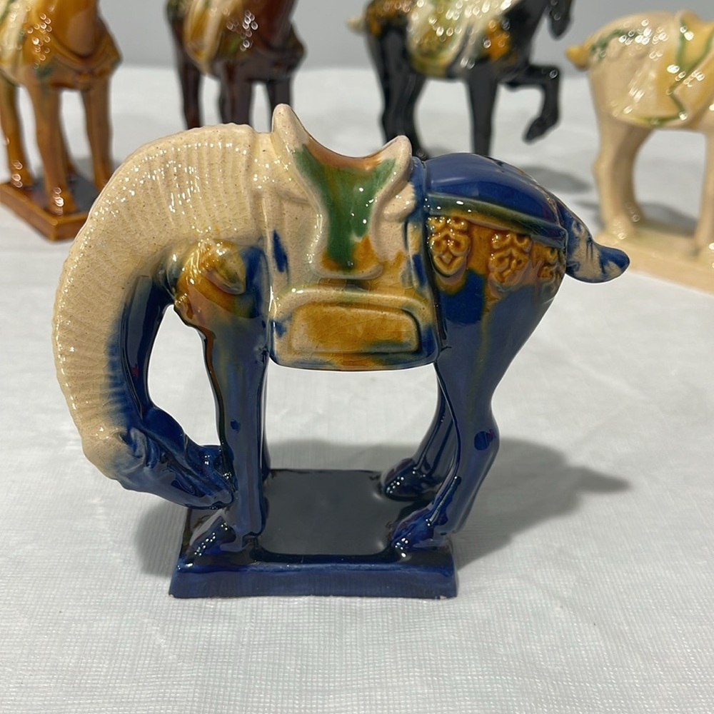 Vintage Chinese Tang Dynasty Majolica Sancai Drip Glaze War Horses set of 6 - Picture 4 of 16